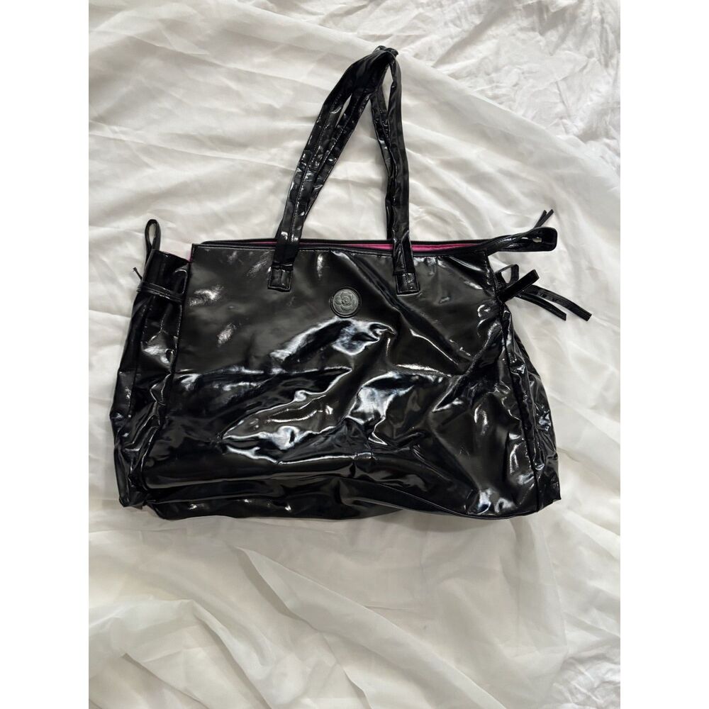 Macy’s Black Patent Vinyl Tote Bag Hot Pink Lining Shoulder Handbag